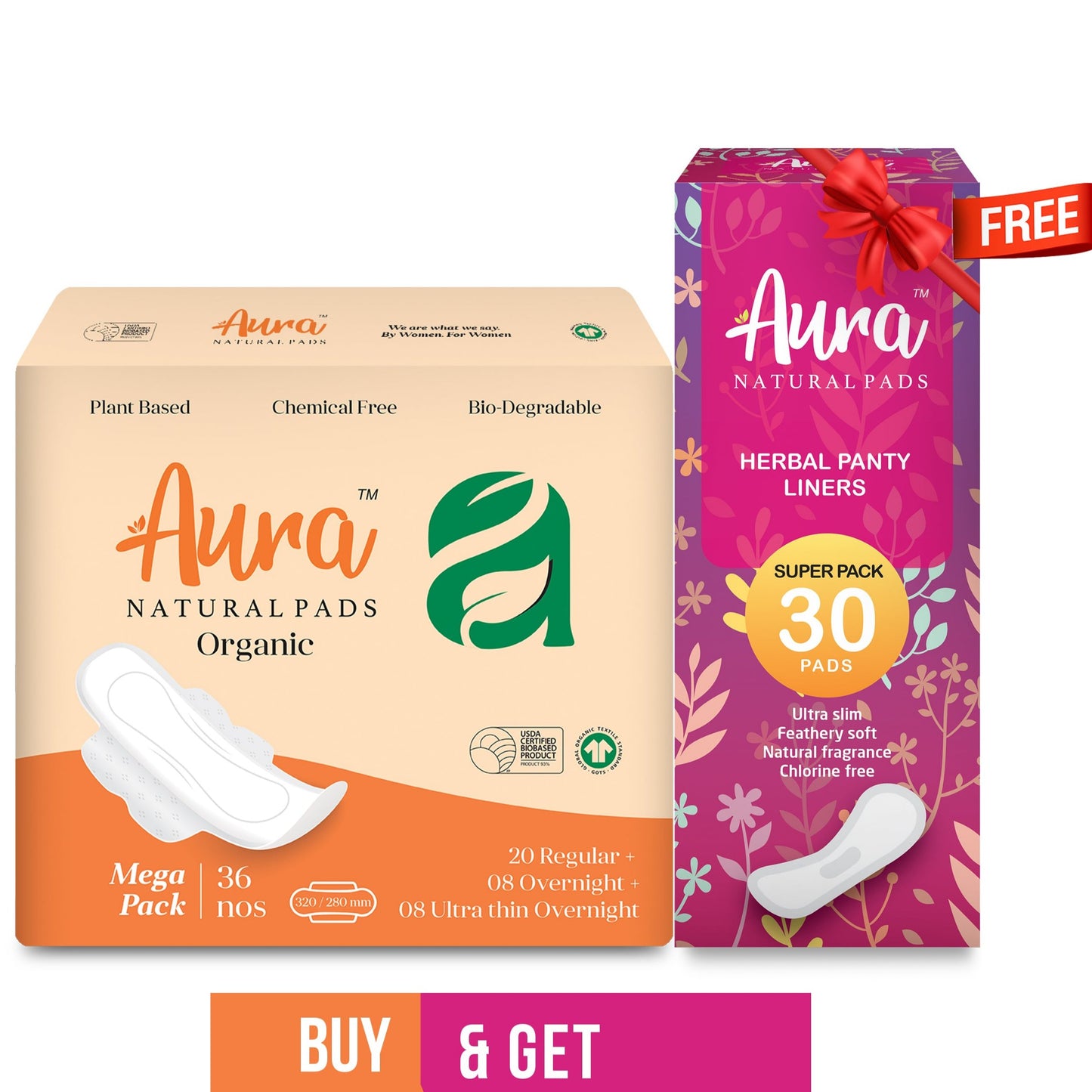 Aura Pads All-In-One Super Pack 36 Pads + Get a FREE 30 Long Liner Pack